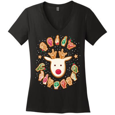 Asl Christmas Reindeer American Sign Language Gingerbread Women's V-Neck T-Shirt