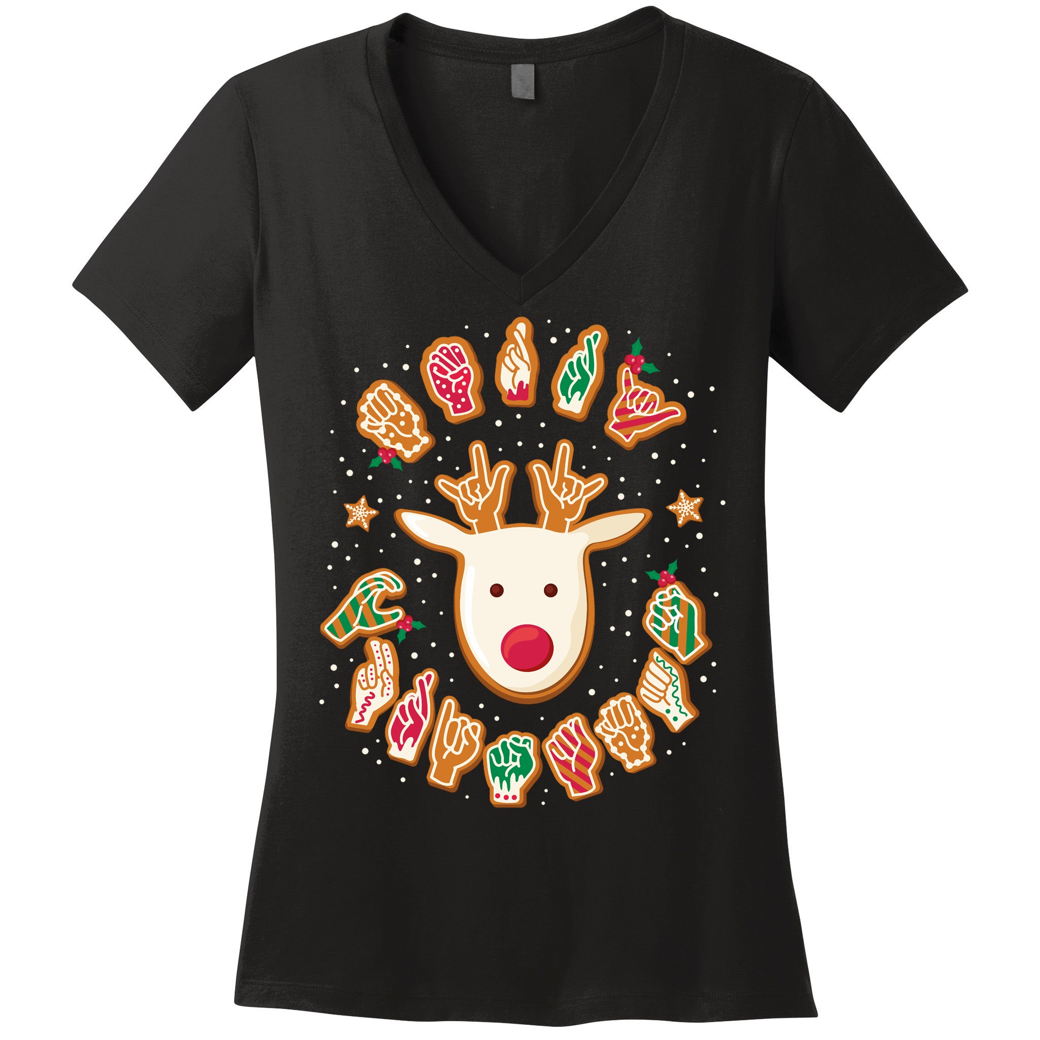 Asl Christmas Reindeer American Sign Language Gingerbread Women's V-Neck T-Shirt