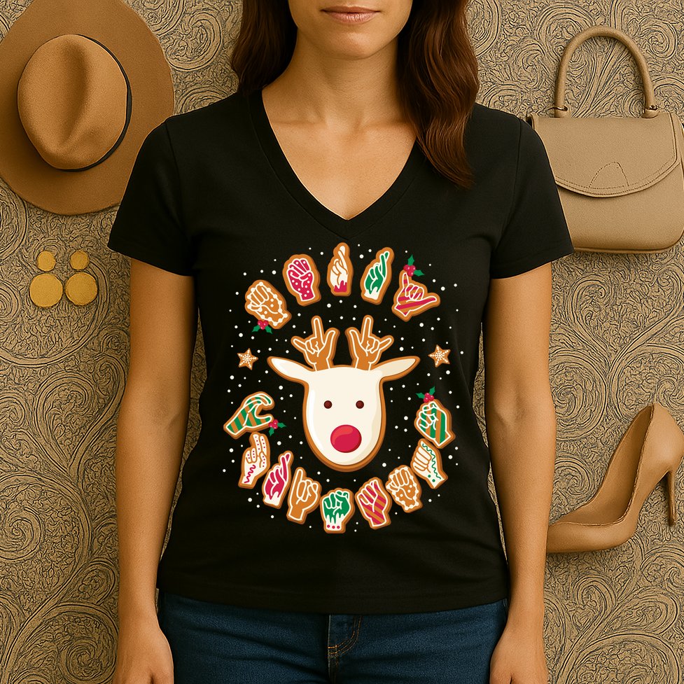 Asl Christmas Reindeer American Sign Language Gingerbread Women's V-Neck T-Shirt