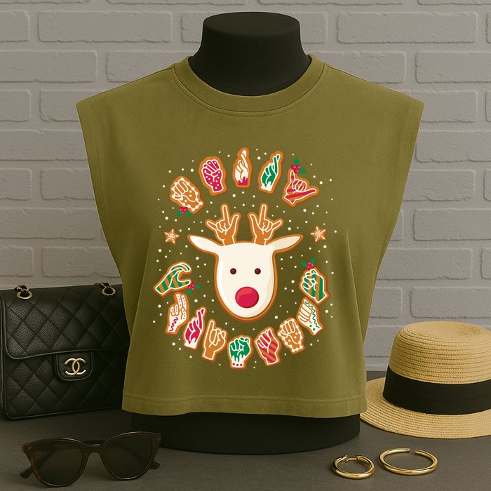Asl Christmas Reindeer American Sign Language Gingerbread Garment-Dyed Women's Muscle Tee