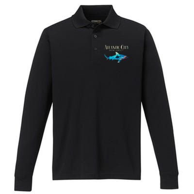 Atlantic City Retro Atlantic City Nj Shark Performance Long Sleeve Polo