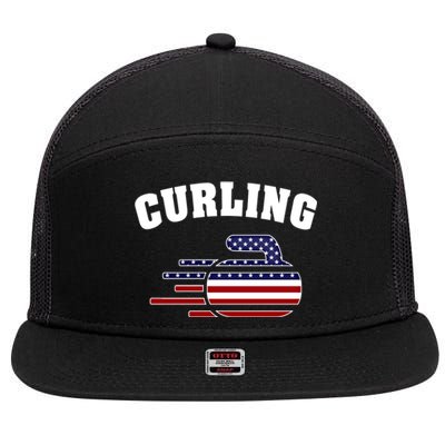 America Curling Rock American Curlers Usa Flag Winter Sports Gift 7 Panel Mesh Trucker Snapback Hat