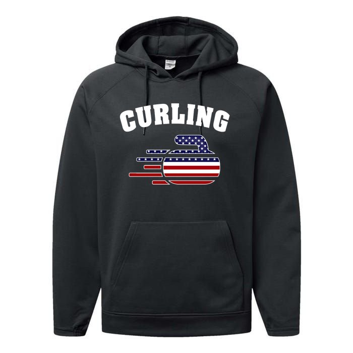 America Curling Rock American Curlers Usa Flag Winter Sports Gift Performance Fleece Hoodie