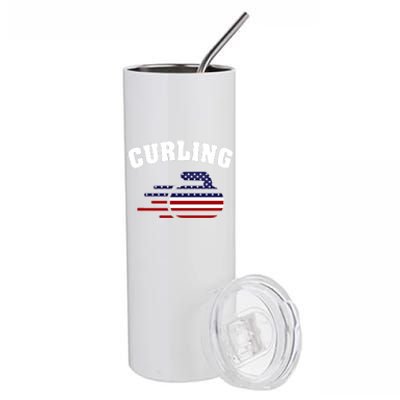 America Curling Rock American Curlers Usa Flag Winter Sports Gift Stainless Steel Tumbler