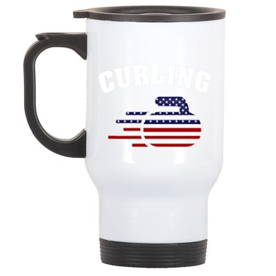 America Curling Rock American Curlers Usa Flag Winter Sports Gift Stainless Steel Travel Mug