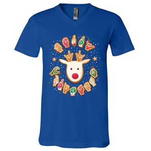 Asl Christmas Reindeer American Sign Language Gingerbread Cute Gift V-Neck T-Shirt