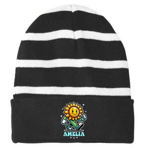 Amelia Cute Sunflower Gift Striped Beanie with Solid Band