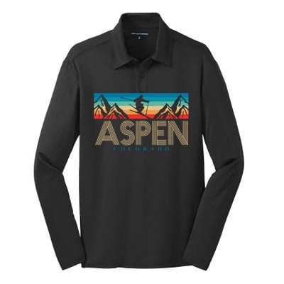 Aspen Colorado Ski Sunset Mountain Silk Touch Performance Long Sleeve Polo