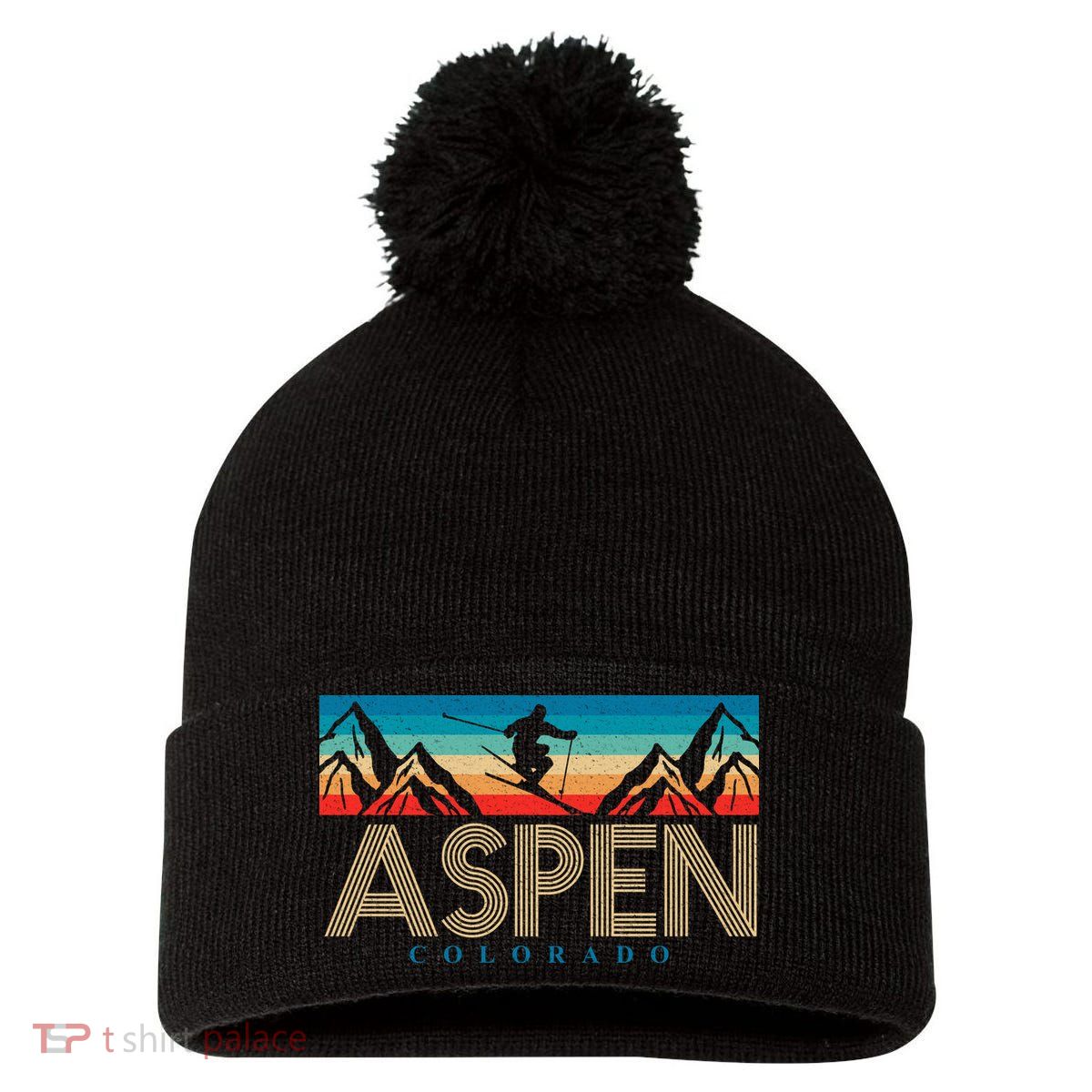 Aspen Colorado Ski Sunset Mountain Pom Pom 12in Knit Beanie