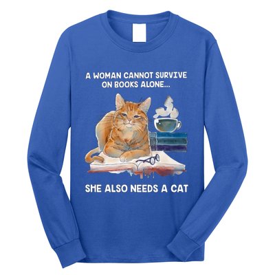 A Cannot Survive On Books Alone She Also Needs A Cat Cute Gift Long Sleeve Shirt