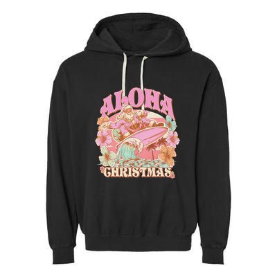 Aloha Christmas Santa Claus Surfing Hawaiian Mele Kalikimaka Garment-Dyed Fleece Hoodie