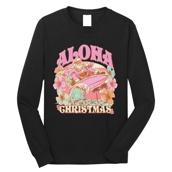 Aloha Christmas Santa Claus Surfing Hawaiian Mele Kalikimaka Long Sleeve Shirt