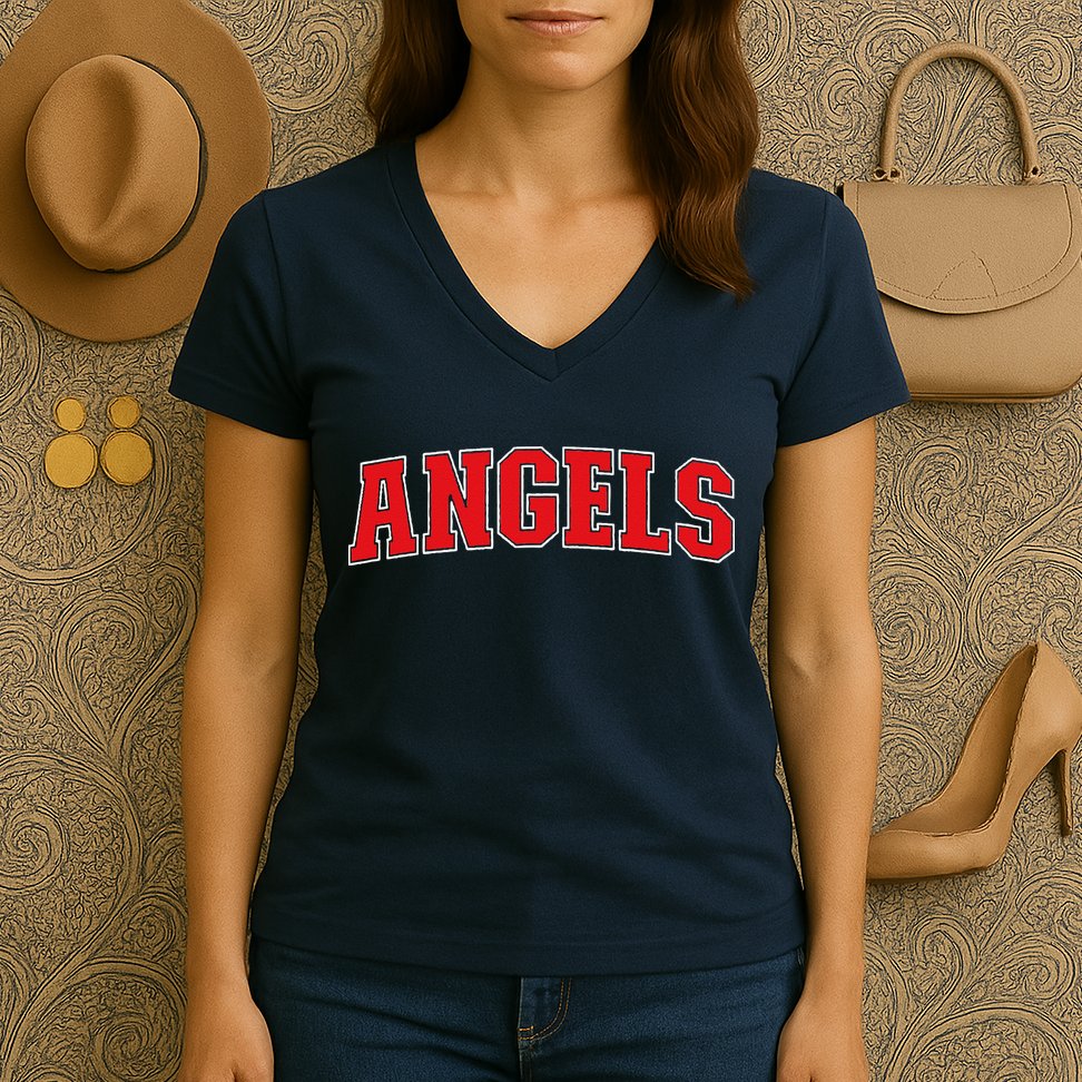 Angels California Souvenir Trip College Style Red Text Women's V-Neck T-Shirt