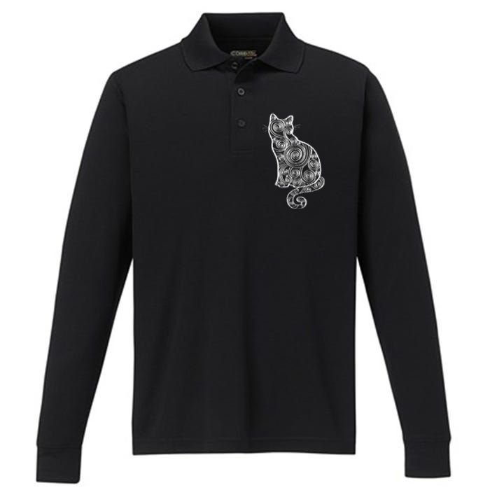 Abstract Cat Silhouette Performance Long Sleeve Polo