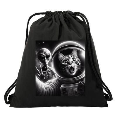Astronaut Cat Selfie With Alien Funny Space Cat Ufo Scifi .Png Drawstring Bag