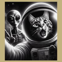 Astronaut Cat Selfie With Alien Funny Space Cat Ufo Scifi .Png Button