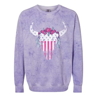 American Cow Skull Roses And Stars Gift Colorblast Crewneck Sweatshirt