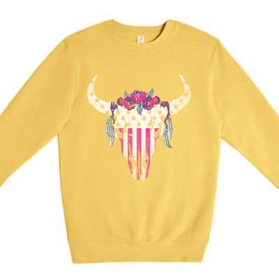 American Cow Skull Roses And Stars Gift Premium Crewneck Sweatshirt