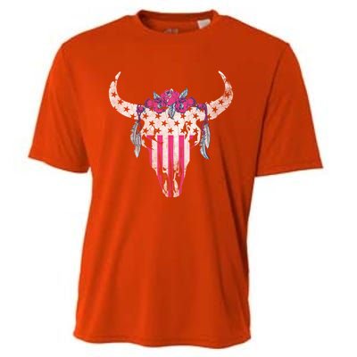 American Cow Skull Roses And Stars Gift Cooling Performance Crew T-Shirt