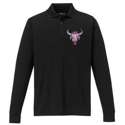 American Cow Skull Roses And Stars Gift Performance Long Sleeve Polo