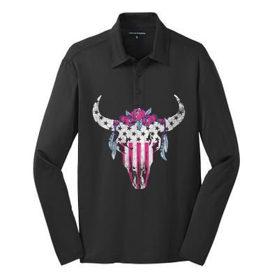 American Cow Skull Roses And Stars Gift Silk Touch Performance Long Sleeve Polo