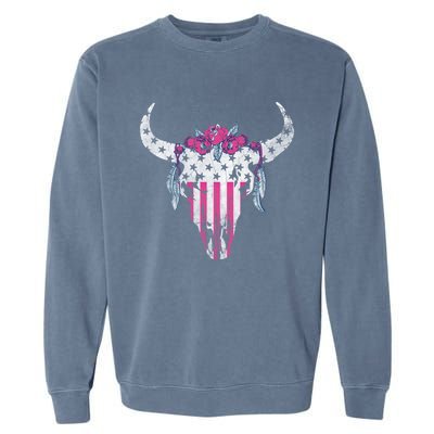 American Cow Skull Roses And Stars Gift Garment-Dyed Sweatshirt