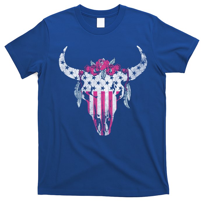 American Cow Skull Roses And Stars Gift T-Shirt