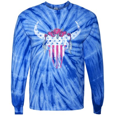 American Cow Skull Roses And Stars Gift Tie-Dye Long Sleeve Shirt