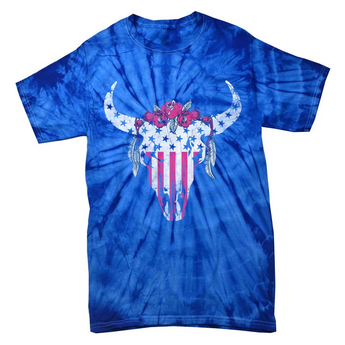 American Cow Skull Roses And Stars Gift Tie-Dye T-Shirt