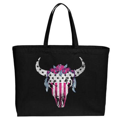 American Cow Skull Roses And Stars Gift Cotton Canvas Jumbo Tote