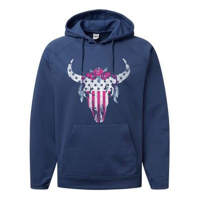 American Cow Skull Roses And Stars Gift Performance Fleece Hoodie