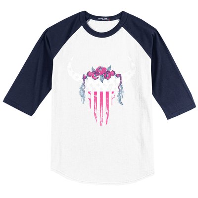 American Cow Skull Roses And Stars Gift Baseball Sleeve Shirt