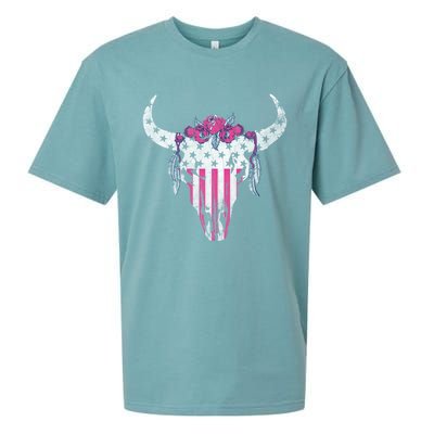 American Cow Skull Roses And Stars Gift Sueded Cloud Jersey T-Shirt