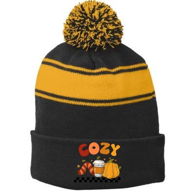 Autumn Cozy Season Theme Stripe Pom Pom Beanie