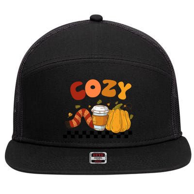 Autumn Cozy Season Theme 7 Panel Mesh Trucker Snapback Hat