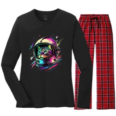 Astronaut Cat Space Cat Galaxy Kitten Women's Long Sleeve Flannel Pajama Set 