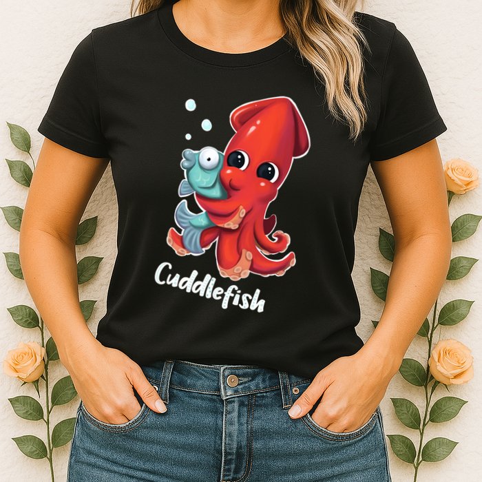 Adorable Cuddlefish Sea Life Illustration Cuttlefish Squid Womens T-Shirt