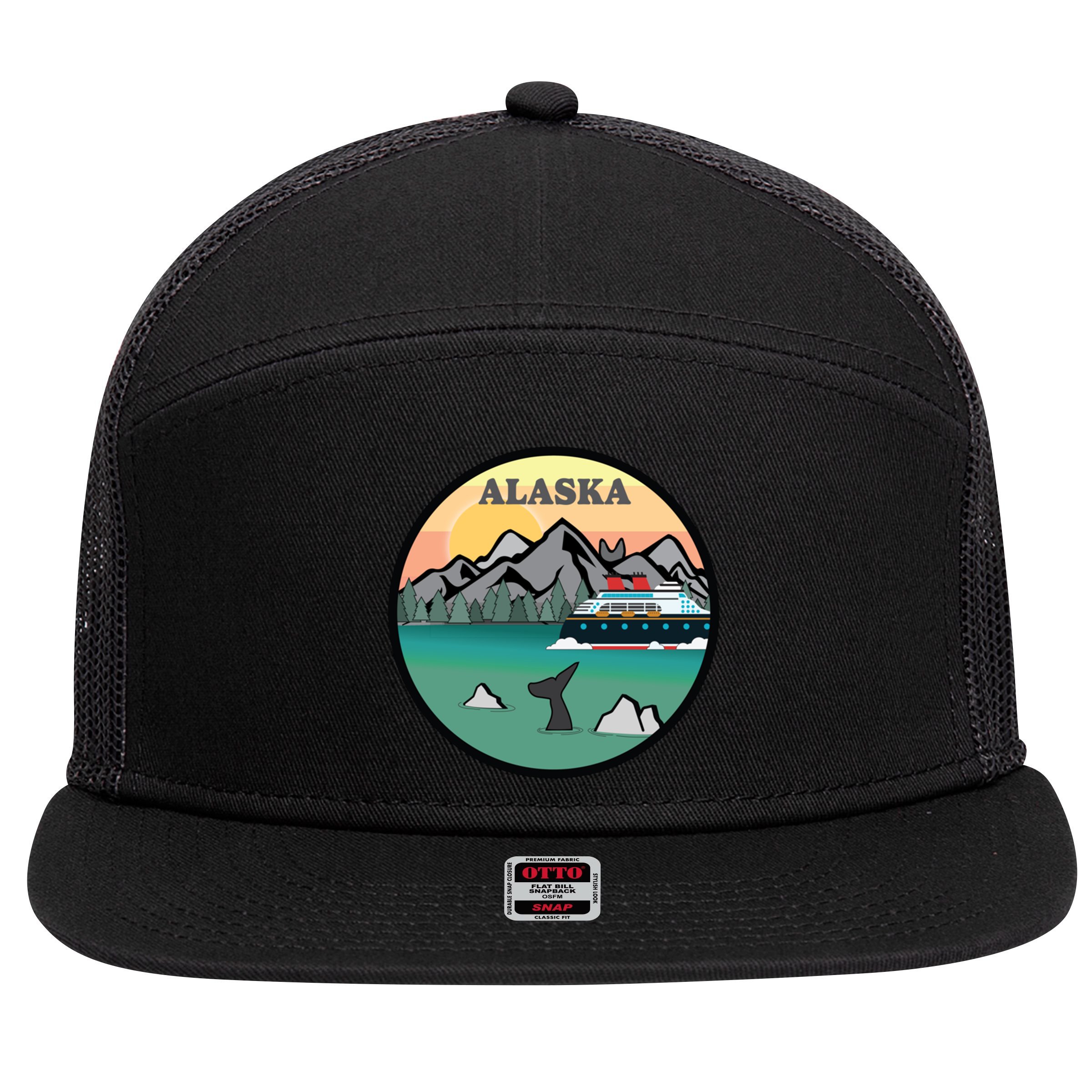 Alaska Cruise Ship With Mountains And Sunset Retro Gift 7 Panel Mesh Trucker Snapback Hat