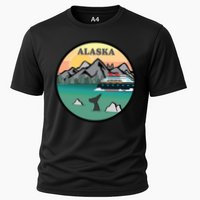 Alaska Cruise Ship With Mountains And Sunset Retro Gift Cooling Performance Crew T-Shirt