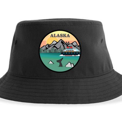 Alaska Cruise Ship With Mountains And Sunset Retro Gift Sustainable Bucket Hat