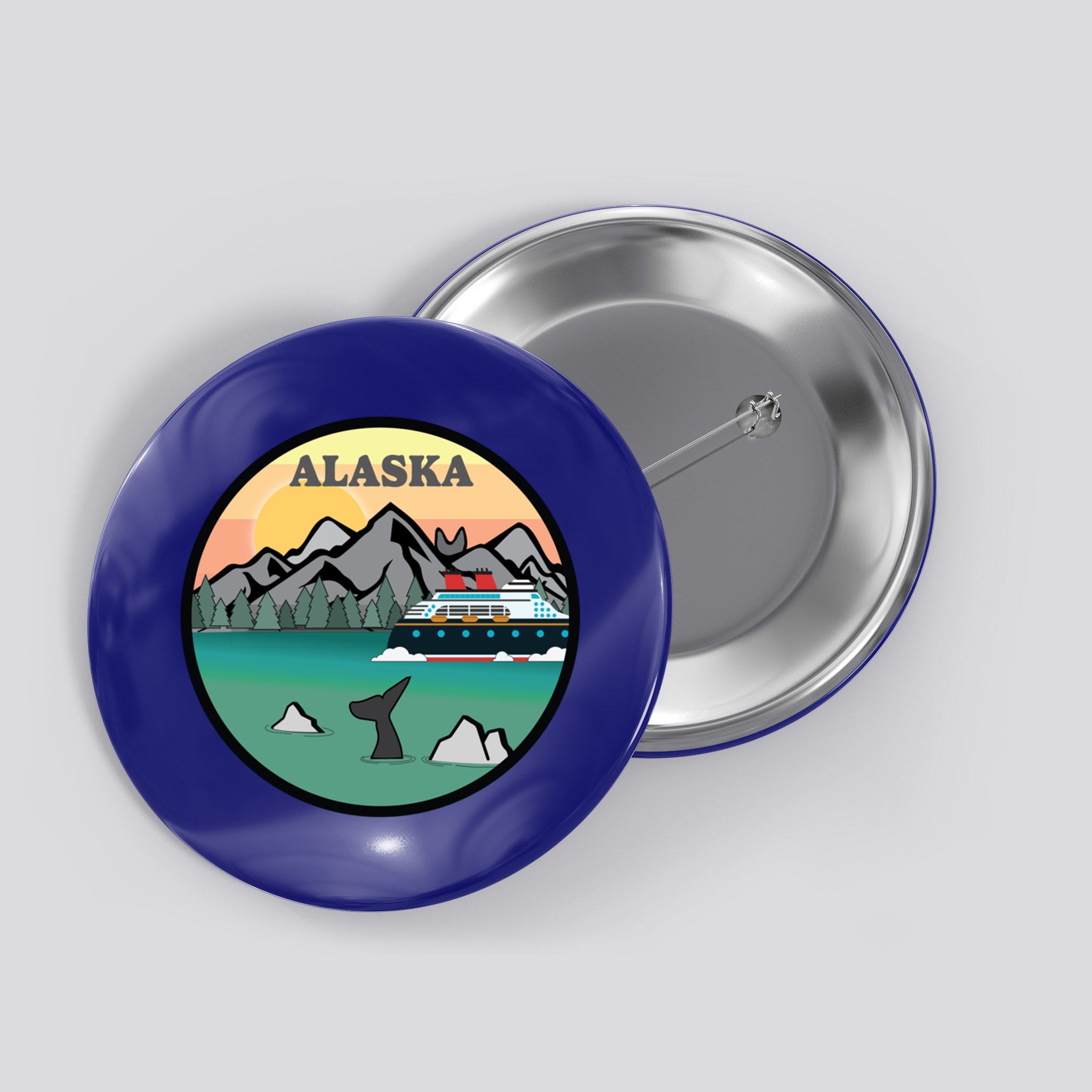 Alaska Cruise Ship With Mountains And Sunset Retro Gift Button
