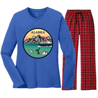 Alaska Cruise Ship With Mountains And Sunset Retro Gift Women's Long Sleeve Flannel Pajama Set 