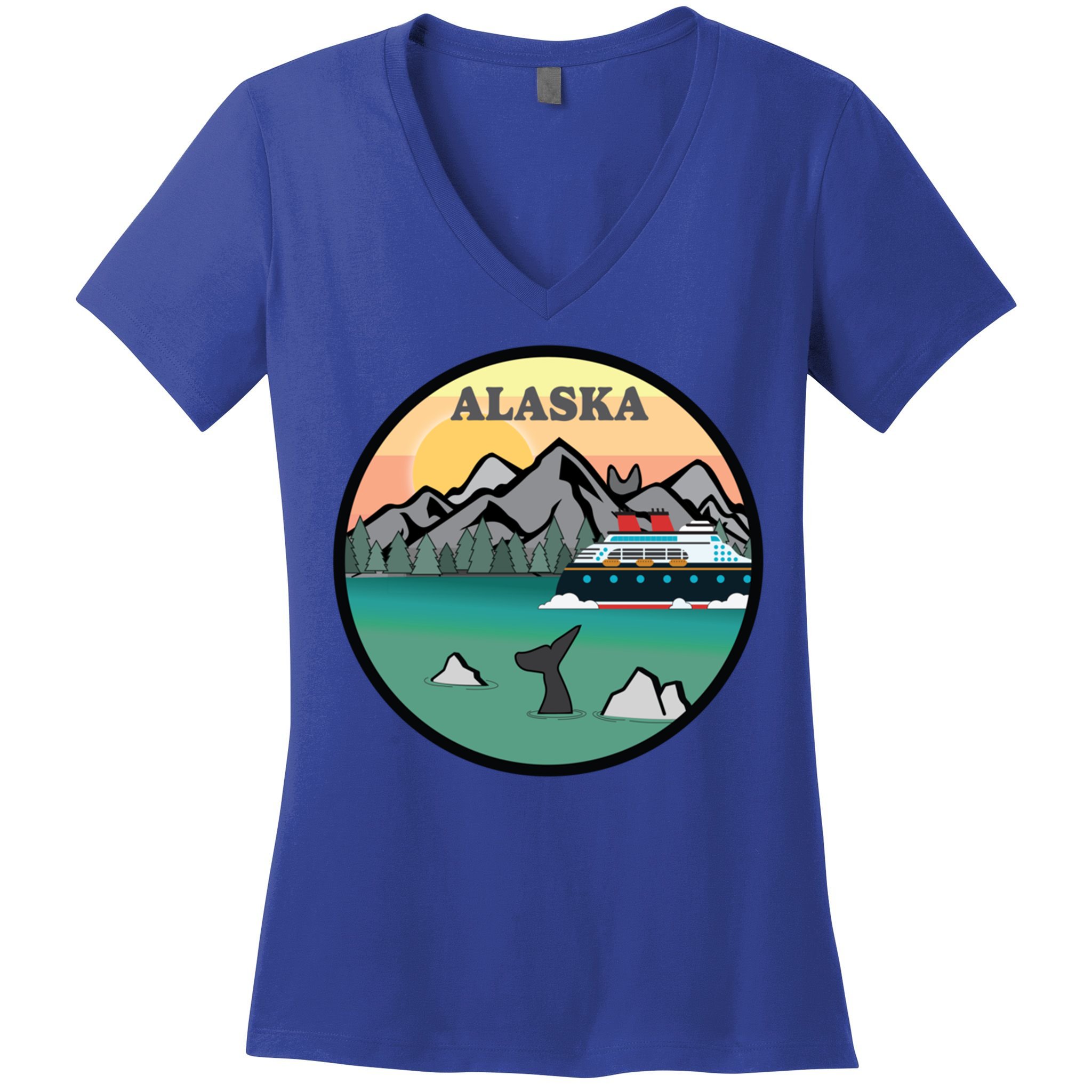 Alaska Cruise Ship With Mountains And Sunset Retro Gift Women's V-Neck T-Shirt