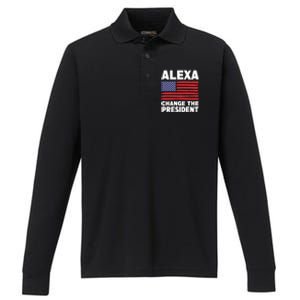 Alexa Change The President Funny Political Humor Gift Performance Long Sleeve Polo