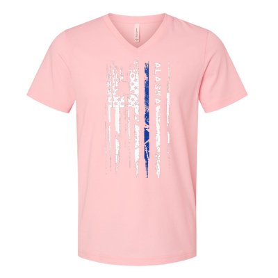 Alaska Cop Thin Blue Line Leo Police American Flag V-Neck T-Shirt