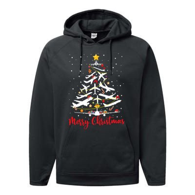 Airplane Christmas Tree Merry Christmas Most Likely Pilot Performance Fleece Hoodie