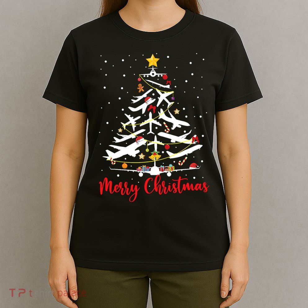 Airplane Christmas Tree Merry Christmas Most Likely Pilot T-Shirt