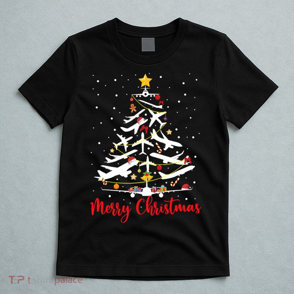 Airplane Christmas Tree Merry Christmas Most Likely Pilot T-Shirt