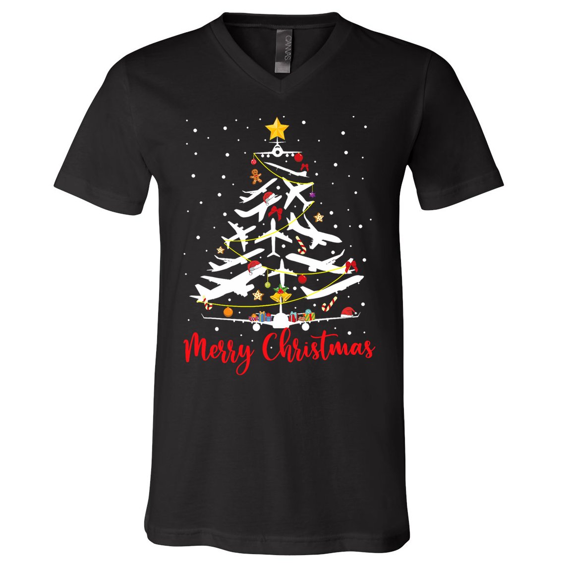 Airplane Christmas Tree Merry Christmas Most Likely Pilot V-Neck T-Shirt
