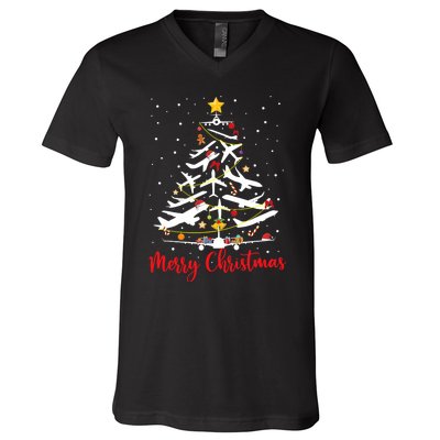 Airplane Christmas Tree Merry Christmas Most Likely Pilot V-Neck T-Shirt